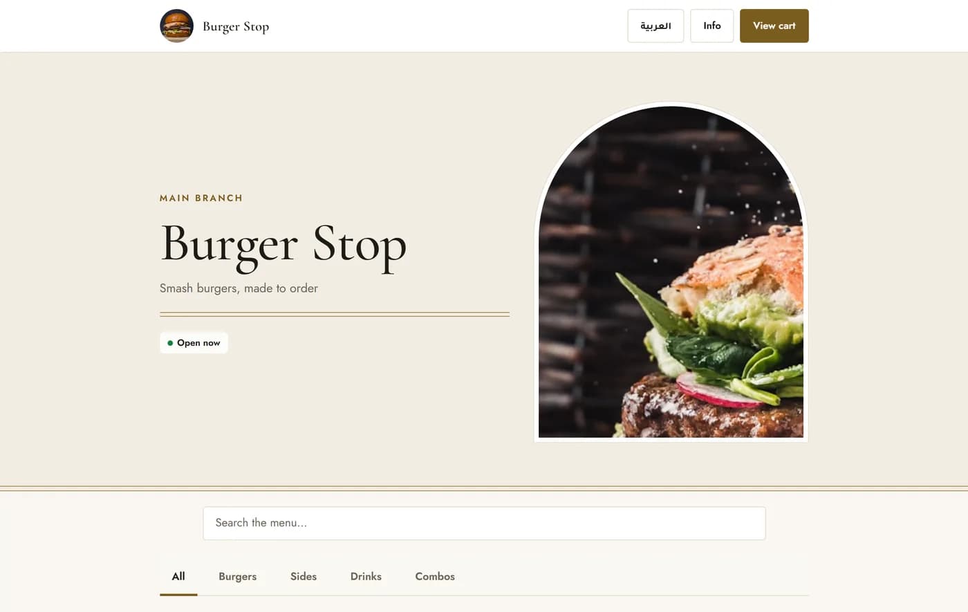The Burger Stop online ordering page.