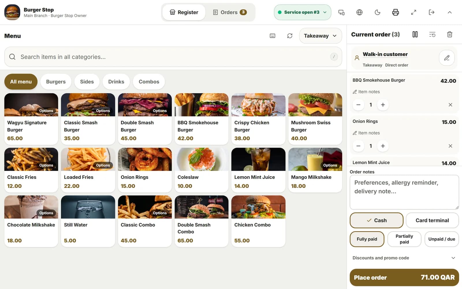 DashDine POS on a counter tablet with a takeaway order in the cart.
