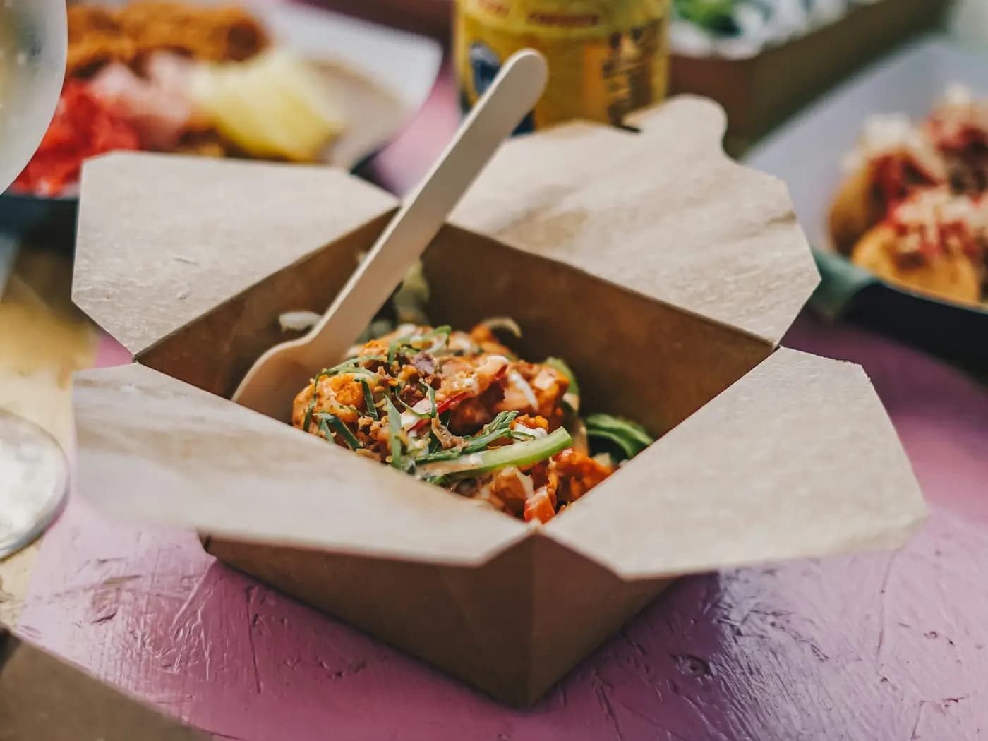 A takeaway box of food.