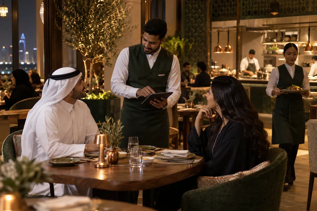 A waiter taking a table order on a tablet in a full-service restaurant