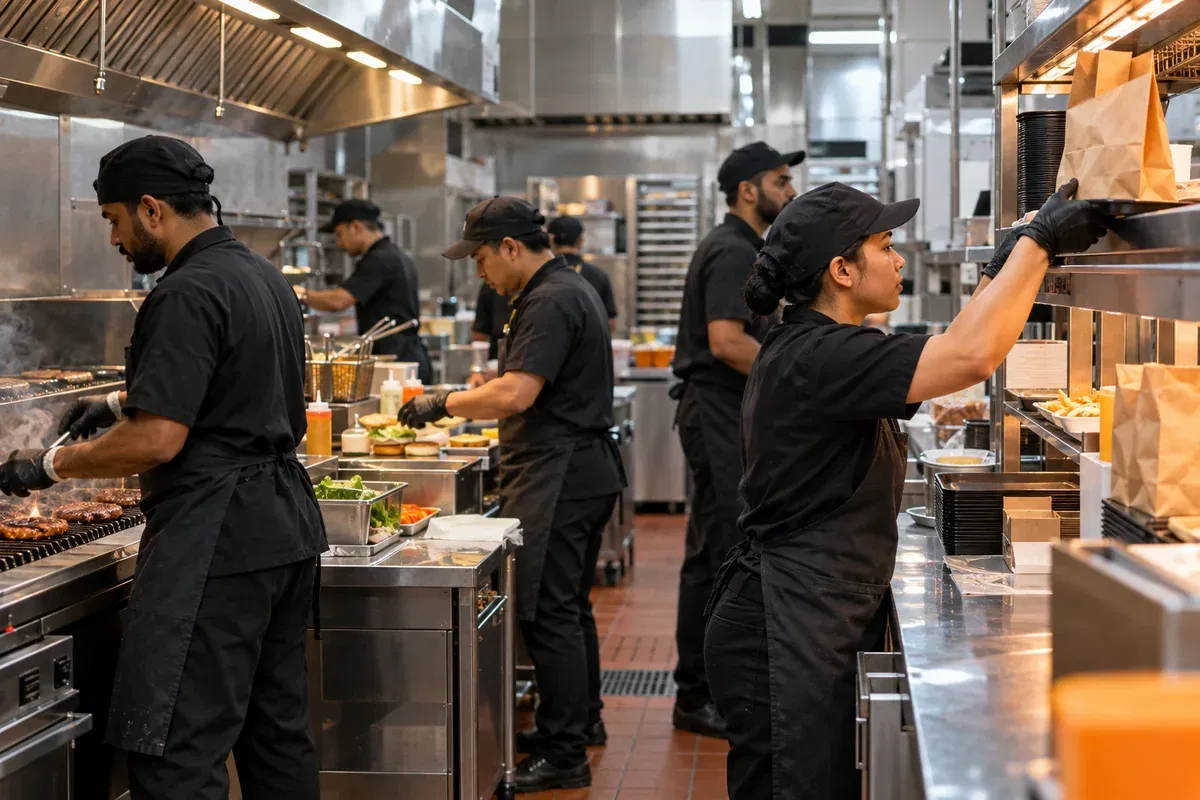 A quick-service kitchen team assembling and handing off orders during a busy service