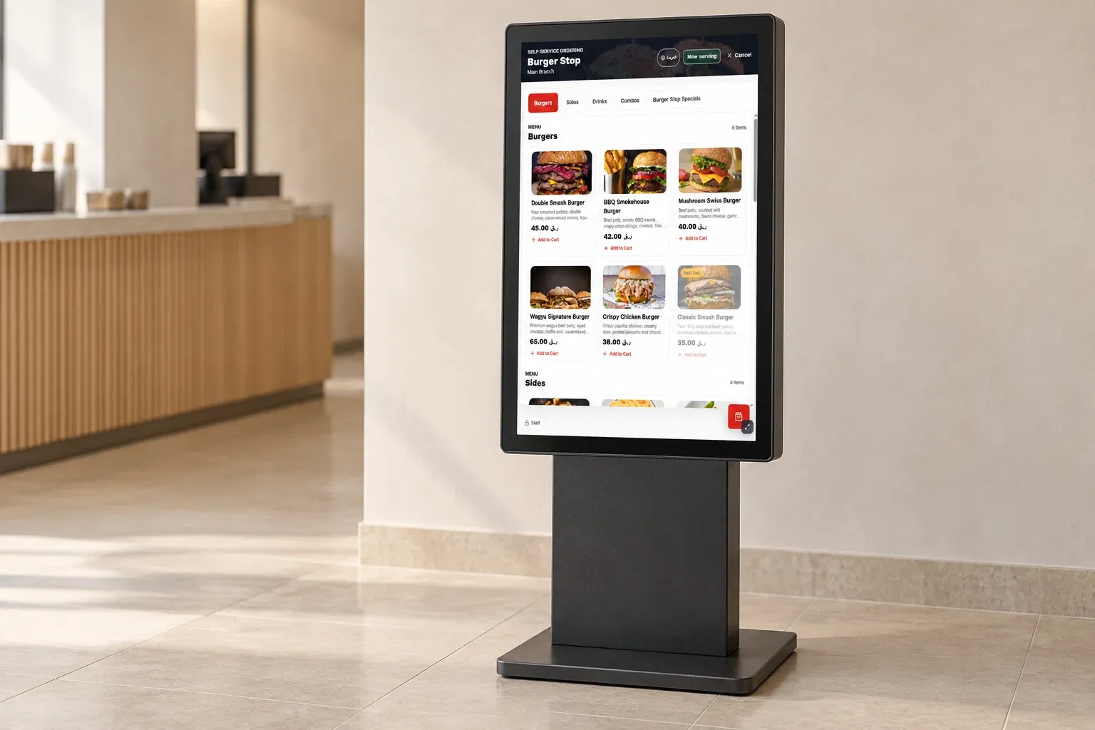 Actual DashDine self-service burger menu on a portrait kiosk in an illustrative restaurant scene