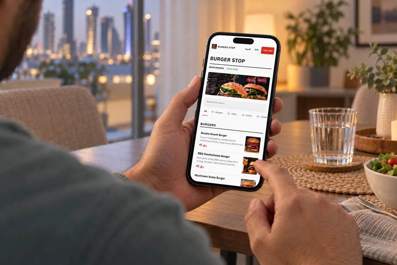Real DashDine online ordering menu on a phone held by a customer at home